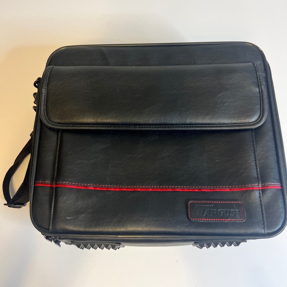Targus Black Faux Leather Laptop Messenger Bag Red Stitching Briefcase Case